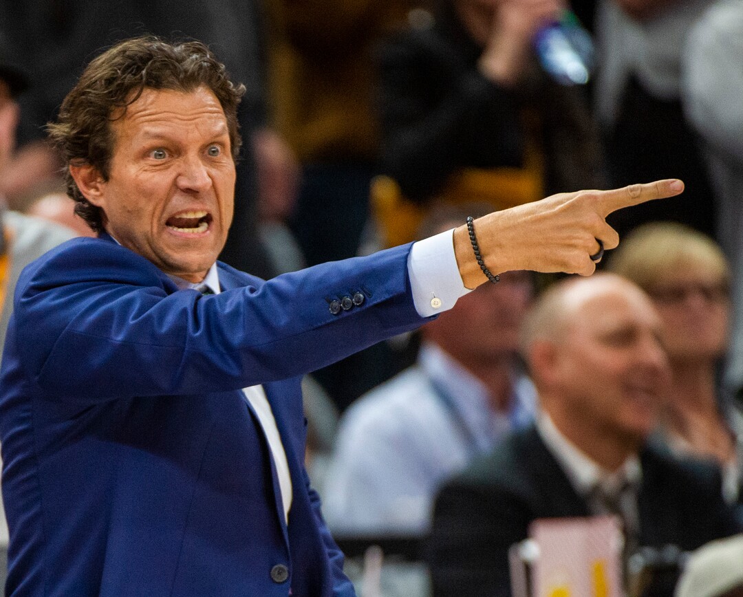 (Rick Egan  |  The Salt Lake Tribune)        Utah Jazz head coach Quin Snyder shouts directions to his players in the final minutes of the game, in NBA basketball action between the Utah Jazz and the Brooklyn Nets in Salt Lake City, Tuesday, Nov 12, 2019.