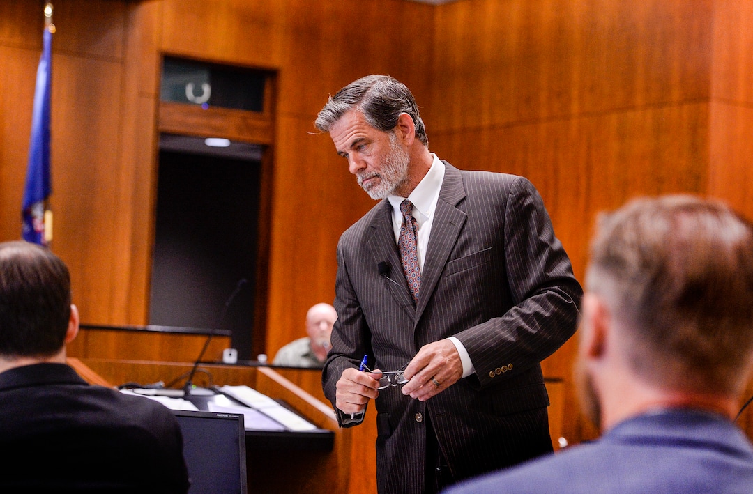 (Leah Hogsten  |  The Salt Lake Tribune) Defense attorney Andrew Deiss questions the stateÕs witness Dan Barnes, a retired fire investigator with the Bureau of Land Management. Robert Lyman, the man accused of starting the 2017 Brian Head Fire, was bound over for trial and pleaded not guilty to charges of reckless burning and burning during a closed fire season before Judge James Brady in Fourth District Court in Provo, Utah, July 30, 2019.
