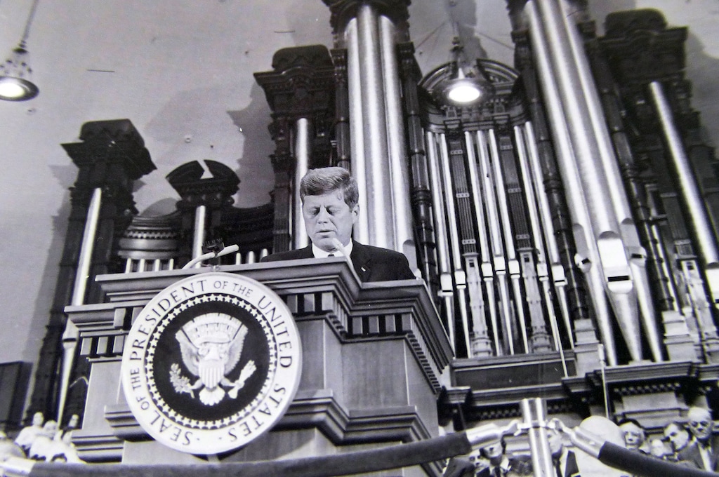 (photo courtesy Utah State Historical Society) John F. Kennedy speaks at the Tabernacle at Temple Square on September 26, 1963.