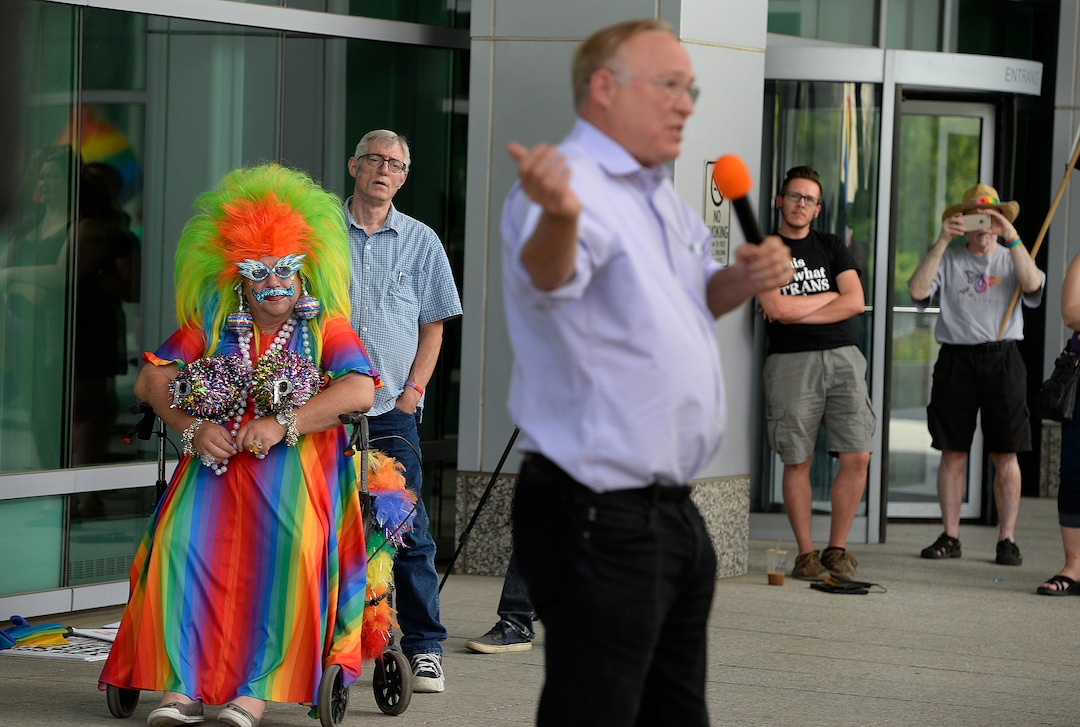 Scott Sommerdorf | The Salt Lake TribuneUtah Senator Jim Dabakis, D-Salt Lake, speaks at the Federal Building as Salt Lake City joined the Nationwide LGBT March and Rally among 97 cities across the nation, in the Equality March for Unity & Pride, Sunday, June 11, 2017.
