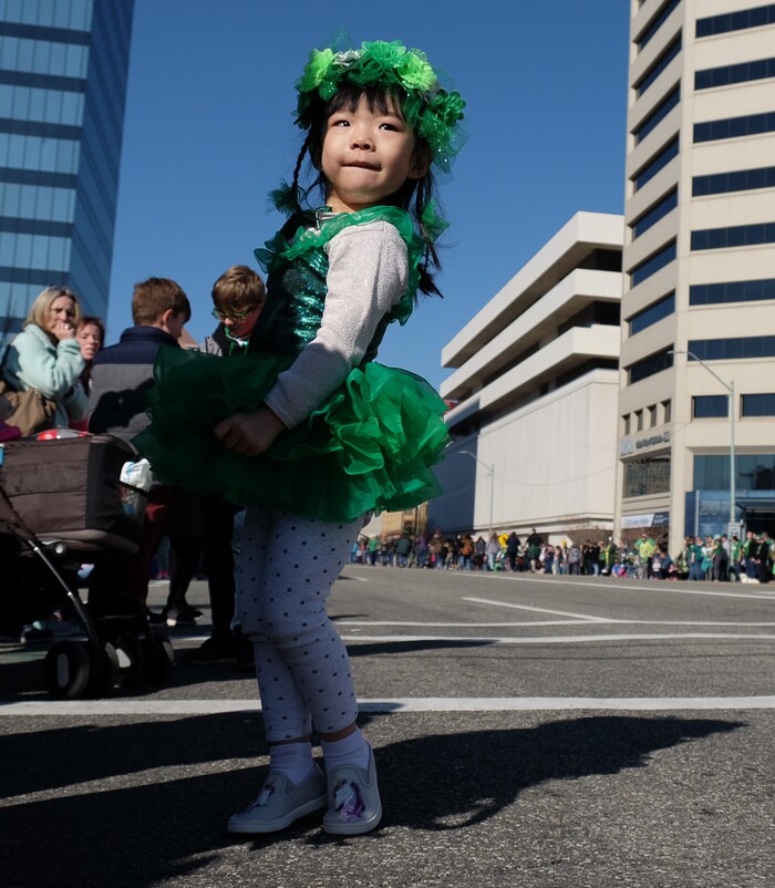 (Francisco Kjolseth | The Salt Lake Tribune) Natalie Sun, 3, dances along to the sounds of various bands playing as Salt Lake CityÕs Irish community celebrates their 41st annual St. PatrickÕs Day Parade with crowds lining up to take in the festivities.
