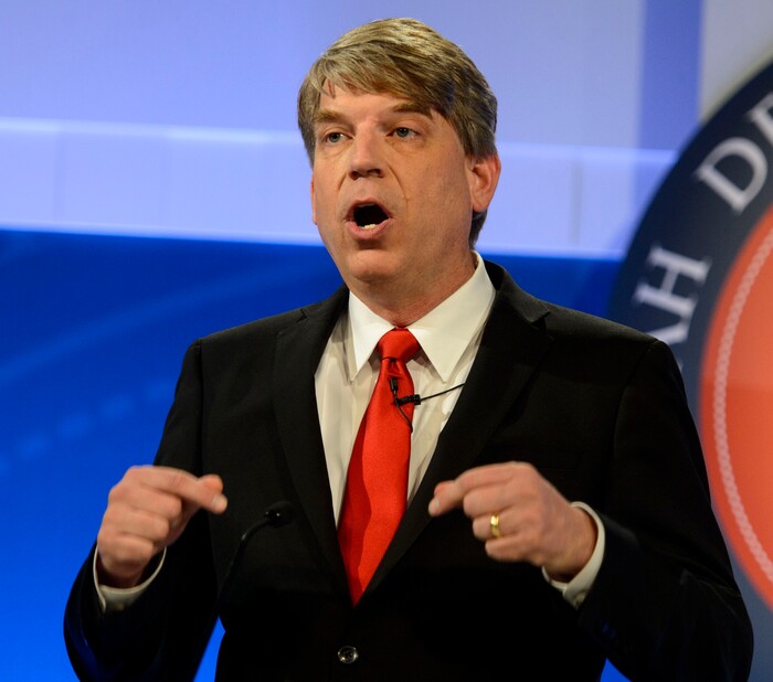 (Steve Griffin  |  The Salt Lake Tribune)  United Utah Party candidate Jim Bennett answers a question as he participates in a debate hosted by the Utah Debate Commission at the KBYU Studios on the BYU campus in Provo Wednesday October 18, 2017. He was joined by Republican John Curtis and Democrat Kathie Allen as the three highest-polling candidates in the special election to fill UtahÕs vacant 3rd District congressional seat.