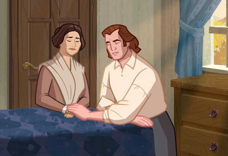 (The Church of Jesus Christ of Latter-day Saints) A scene from a cartoon released by the church to teach children about the faith’s history of polygamy shows Brigham Young praying with his wife, Mary Ann. The panel reads, "Brigham Young and his wife Mary Ann prayed a lot to the Lord about what to do. They learned that they should obey the commandment of plural marriage."