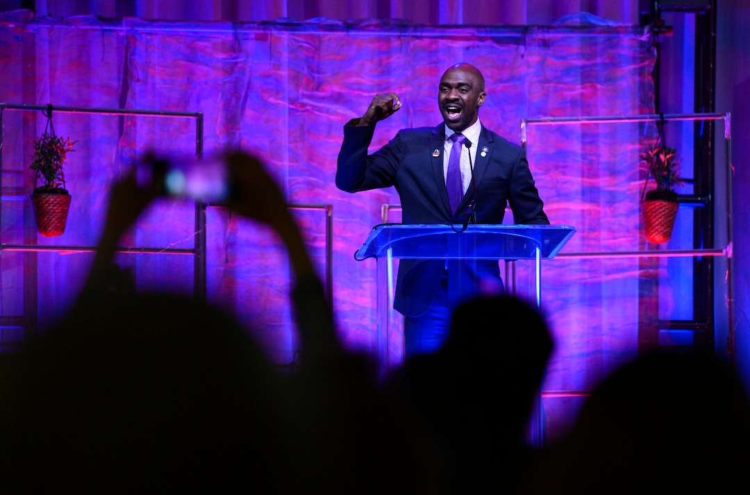 (Scott Sommerdorf | The Salt Lake Tribune)
Keynote speaker Michael Blake fires up the crowd as he speaks at the Democratic convention, Saturday, April 28, 2018 at the Salt Palace Convention Center in Salt Lake City, Utah.