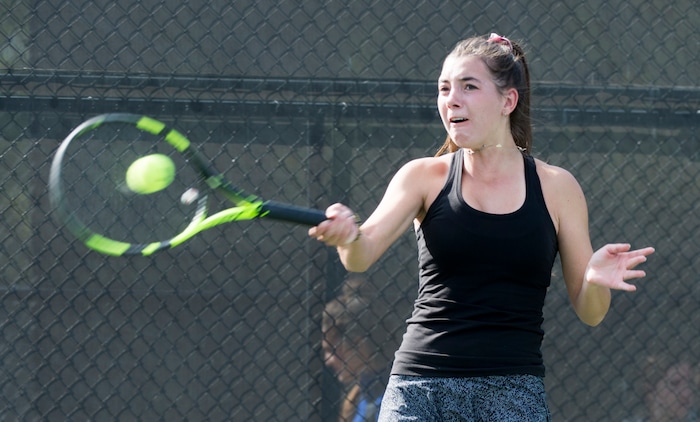 (Rick Egan  |  The Salt Lake Tribune) Daniella Aaron, Lone Peak, plays Mackenzie Turley, Davis High, in the 6A High School tennis championship game. Friday, October 6, 2017.


