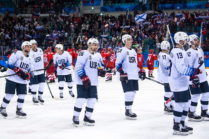 (Chris Detrick  |  The Salt Lake Tribune)  Members of team USA skate off of the ice after the United States vs Olympic Athletes from Russia hockey game at Gangneung Hockey Centre during the Pyeongchang 2018 Winter Olympics Saturday, Feb. 17, 2018. Olympic Athletes from Russia defeated United States 4-0.