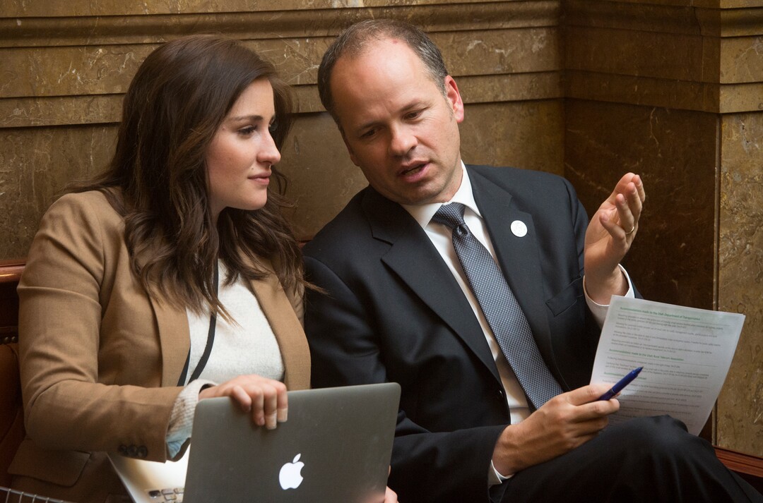(Rick Egan  |  The Salt Lake Tribune)   Rep. Tim Hawkes talks with his intern Paige Walton, in the Utah House of Representatives, Friday, March 2, 2018.
