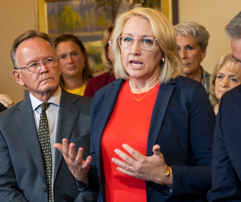 (Rick Egan | The Salt Lake Tribune)  
Rep. Karianne Lisonbee, answers questions about Utah's trigger law, SB174, during a news conference at the State Capitol, after the Supreme Court overturned Roe v. Wade, on Friday, June 24, 2022. Her bill HB467, which would ban abortion clinics in Utah, passed out of the Utah House of Representatives on Friday.