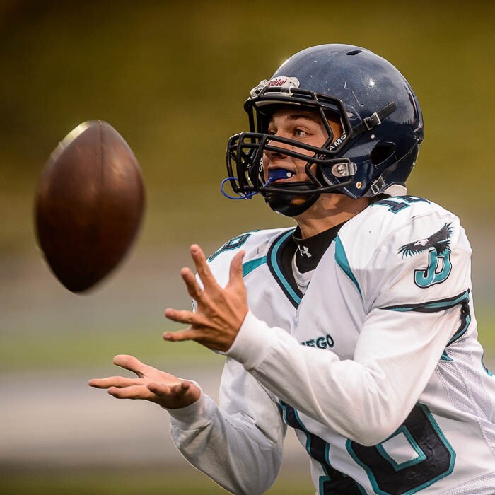 (Trent Nelson | The Salt Lake Tribune)  Juan Diego's 18 pulls in the opening kickoff. Summit Academy faces Juan Diego High School in a class 3A state semifinal football game at Weber State University's Stewart Stadium, Saturday November 4, 2017.