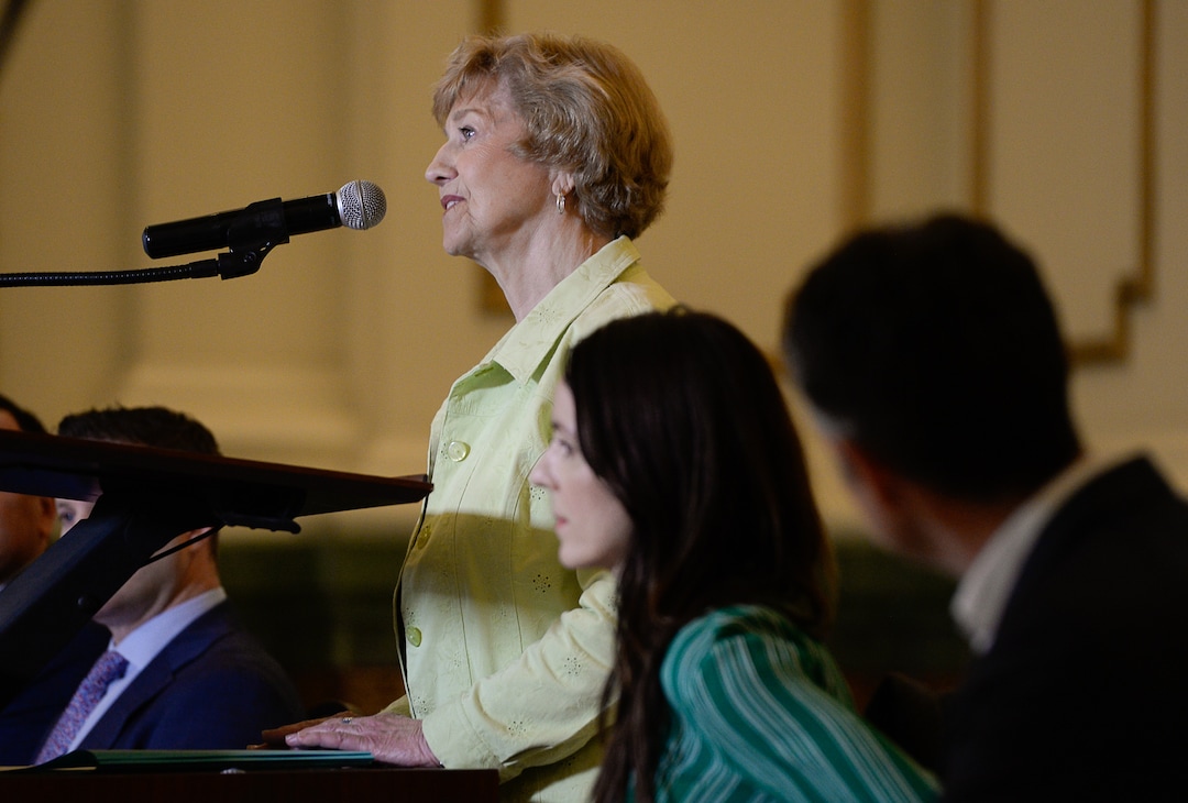 (Francisco Kjolseth  |  The Salt Lake Tribune)  Peggy Hostetter, a long time resident at The Gateway relays her experiences with a dramatic change for the better in her area as community leaders gather at the Grand Hall at The Gateway on Tuesday, April 2, 2019, to share details on the efforts and resulting impact the security measures have had on the district.