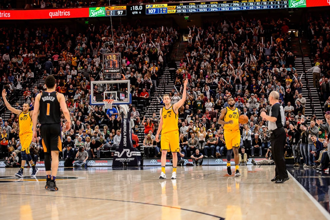 (Trent Nelson | The Salt Lake Tribune)  Utah Jazz center Rudy Gobert (27), Utah Jazz forward Joe Ingles (2), Utah Jazz forward Royce O'Neale (23) celebrate as time runs out as the Utah Jazz host the Phoenix Suns, NBA basketball in Salt Lake City, Wednesday Feb. 14, 2018.
