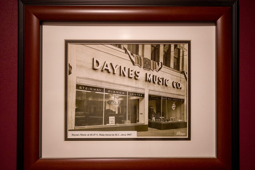 (Trent Nelson | The Salt Lake Tribune) A photo of the Daynes Music location on Main Street in Salt Lake City in 1947, on display at Daynes Music Co. in Midvale on Thursday, March 5, 2026.