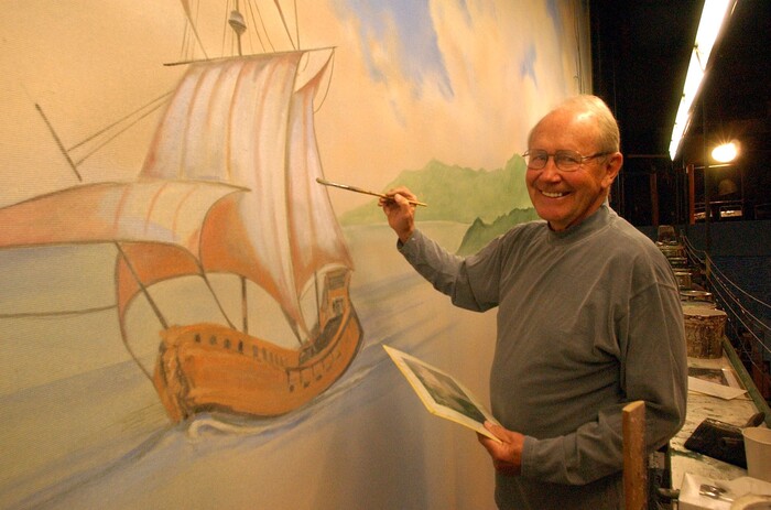 (Rick Egan  |  Tribune File Photo)  Kjae Leslie paints backdrops at Pioneer Memorial Theatre on October 31, 2002. He was a Hollywood set painter for many years. Leslie died Jan. 7, 2017, in Murray. He was 91.
