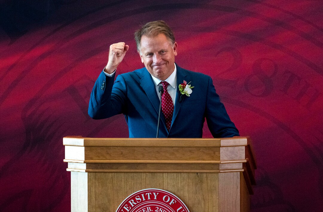 (Rick Egan | The Salt Lake Tribune) Taylor R. Randall says a few words after the University of Utah announced that he was the new president of the University of Utah, during a news conference, on Thursday, Aug. 5, 2021.