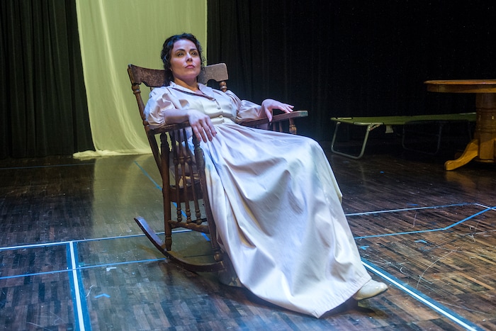 (Chris Detrick | The Salt Lake Tribune) Melanie Nelson 'Abbie Putnam' acts out a scene of "Desire Under the Elms" during a rehearsal at the The Waterford School Black Box on Tuesday, Aug. 22, 2017. The rare local production of “Desire,” by Tanner’s Sting & Honey Company, opens Sept. 1, the first theater performance at the new Regent Street Black Box at downtown’s Eccles Theater.
