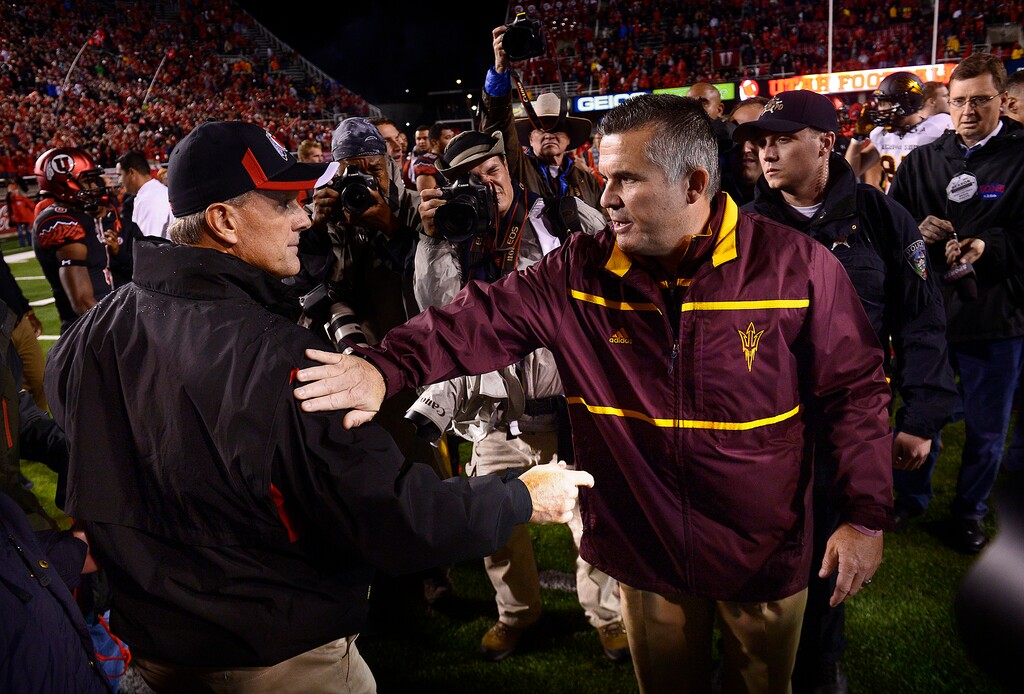 Scott Sommerdorf   |  The Salt Lake TribuneArizona State Sun Devils head coach Todd Graham congratulates Utah Utes head coach Kyle Whittingham after the game. Utah defeated Arizona State 34-18, Saturday, October 17, 2015.