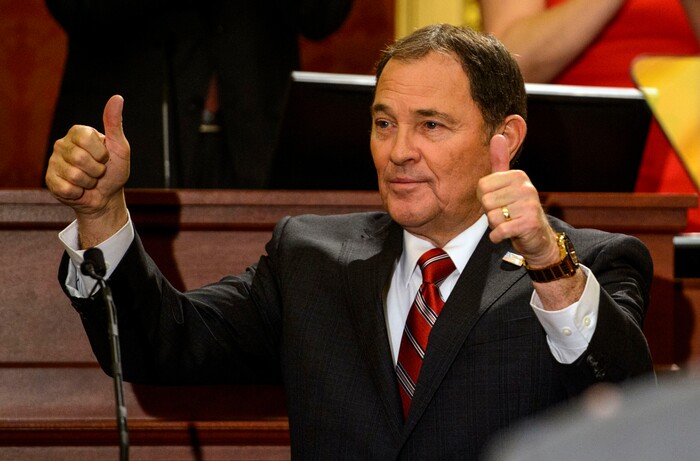 (Steve Griffin  |  The Salt Lake Tribune) Gov. Gary Herbert gives the "thumbs up" following his State of the State address in the Utah House of Representatives in Salt Lake City Wednesday January 24, 2018.