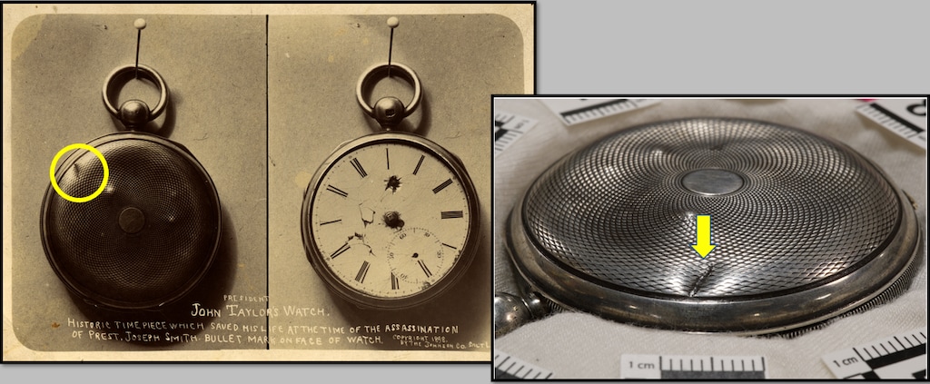 (Church History Department)
John Taylor's watch shows damage from when he was in Carthage Jail the day Joseph and Hyrum Smith were gunned down. New forensic evidence suggests the damage to the timepiece was “more consistent" with being struck or grazed by a bullet than being crushed in a fall.
