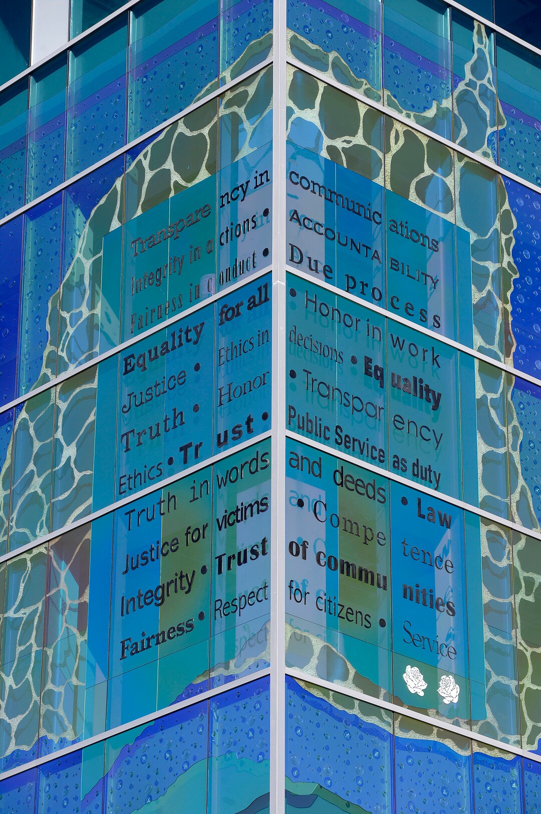 (Al Hartmann  |  The Salt Lake Tribune) 	New glass art covering the façade of the downtown District Attorney building at 35 E. 500 S. is unveiled Wednesday September 27.   The glass artwork is complete, but the building is currently under construction to be completed in Spring 2018.  