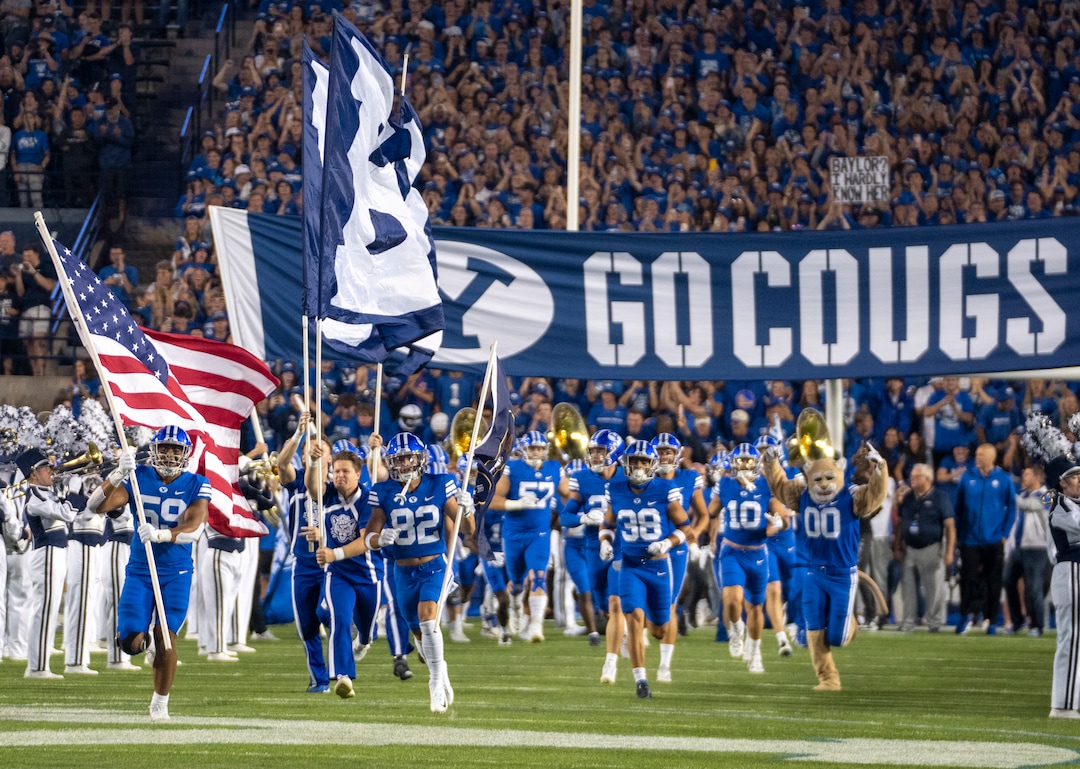 (Rick Egan | The Salt Lake Tribune)  The Brigham Young Cougars take the field for football action between the Brigham Young Cougars and the Baylor Bears at LaVell Edwards Stadium in Provo, on Saturday, Sept. 10, 2022.
