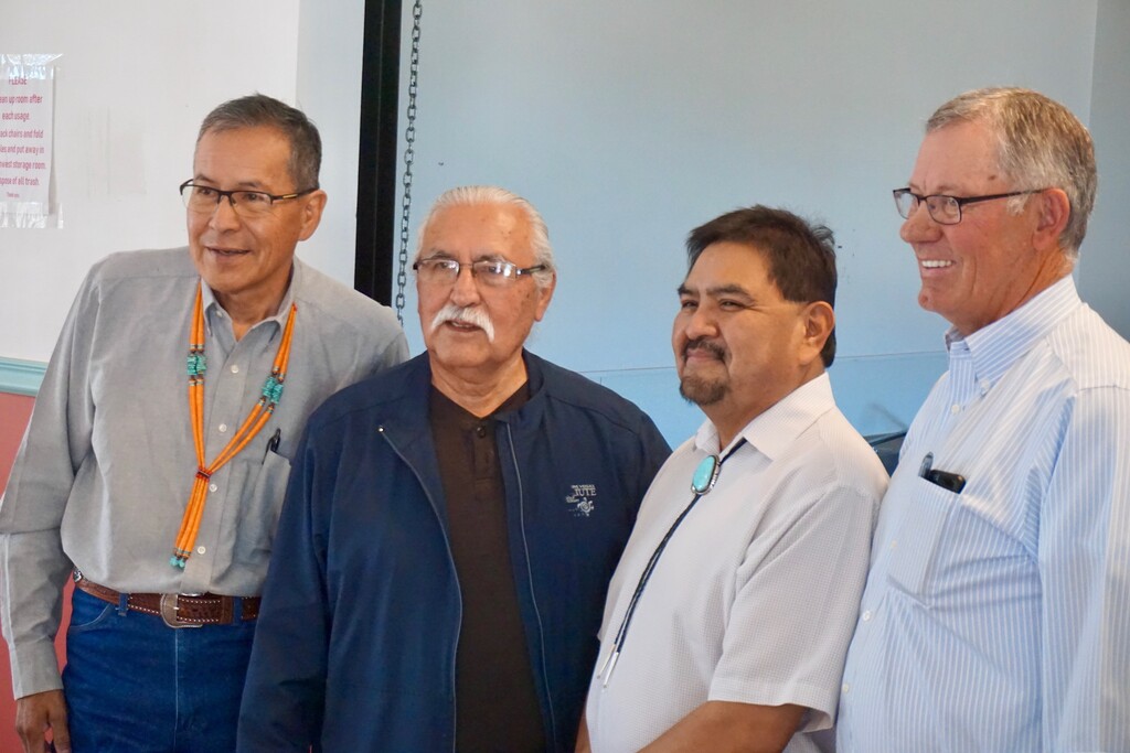(Zak Podmore  |  Tribune file photo) San Juan County Commissioner Kenneth Maryboy (left), Commissioner Willie Grayeyes, Oljato Chapter President James Adakai, and Commissioner Bruce Adams pose after a commission meeting in Oljato-Monument Valley, Utah, on Tuesday, July 2, 2019.