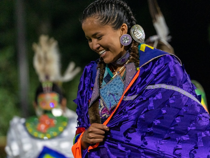 (Leah Hogsten | The Salt Lake Tribune Dancers congratulate each other after every dance at the 41st Annual Paiute Indian Tribe of Utah Restoration Gathering, Aug. 13, 2021 in Cedar City, Utah.