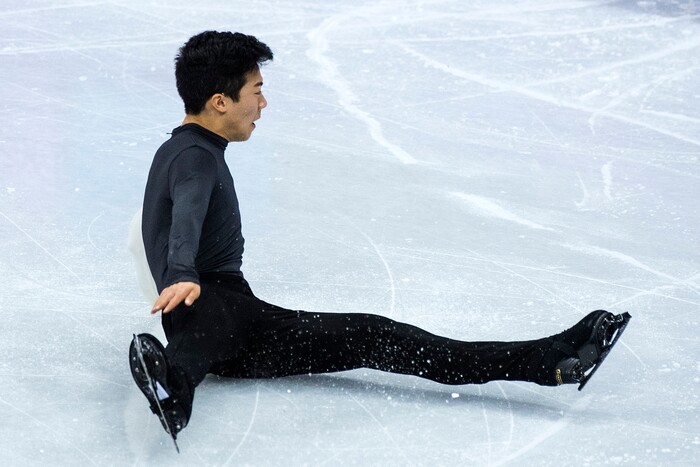 (Chris Detrick  |  The Salt Lake Tribune)  Salt Lake City's Nathan Chen falls while competing in the Men Single Skating Short Program at Gangneung Ice Arena during the Pyeongchang 2018 Winter Olympics Friday, Feb. 16, 2018. Chen finished with a score of 82.27.