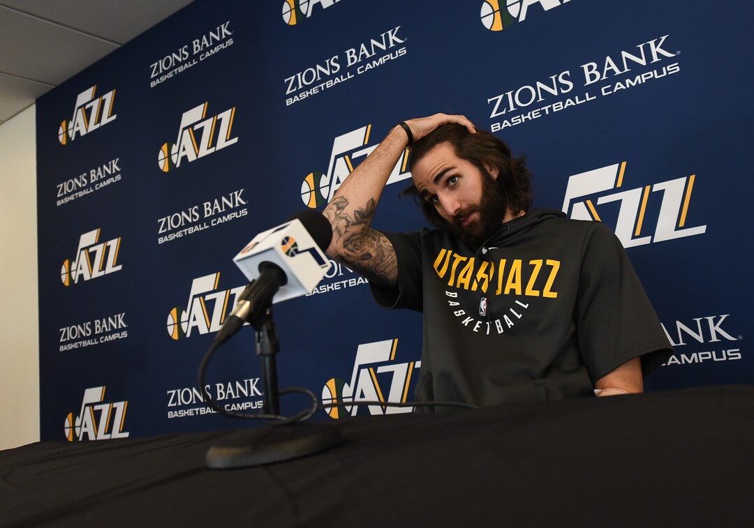 (Francisco Kjolseth  |  The Salt Lake Tribune)  Utah Jazz      guard Ricky Rubio speaks with the media during exit interviews at their practice facility in Salt Lake City Wed., May 8, 2018, after losing to the Houston Rockets in game 5 of their Western Conference Finals during the 2018 NBA Playoffs.