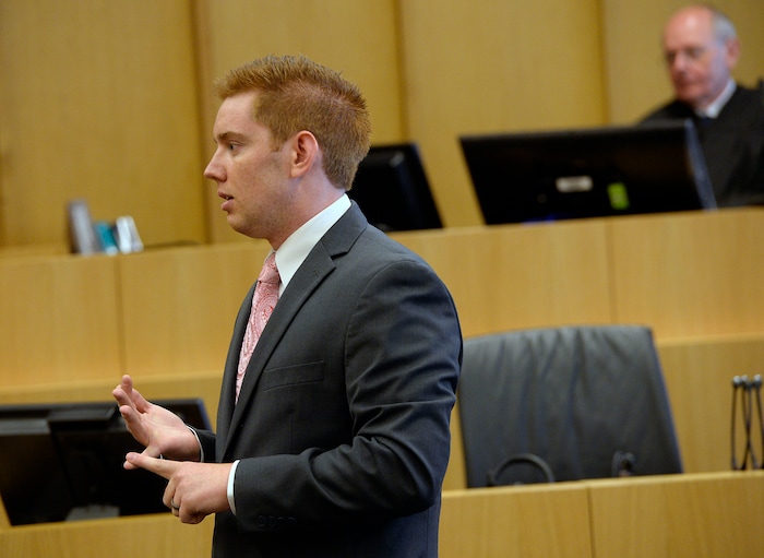 (Al Hartmann | The Salt Lake Tribune)
BYU law student Joshua Prince acts as prosecuter in a mock trial in Judge David Nuffer's federal courtroom in Salt Lake City Wednesday Aug.22. High school students listen from the jury box. It's part of a Civics, Law and Leadership Camp. The camp, a pilot project of Brigham Young University’s J. Reuben Clark Law School and the Federal Bar Association, is designed to prepare youths for civic leadership and service.
