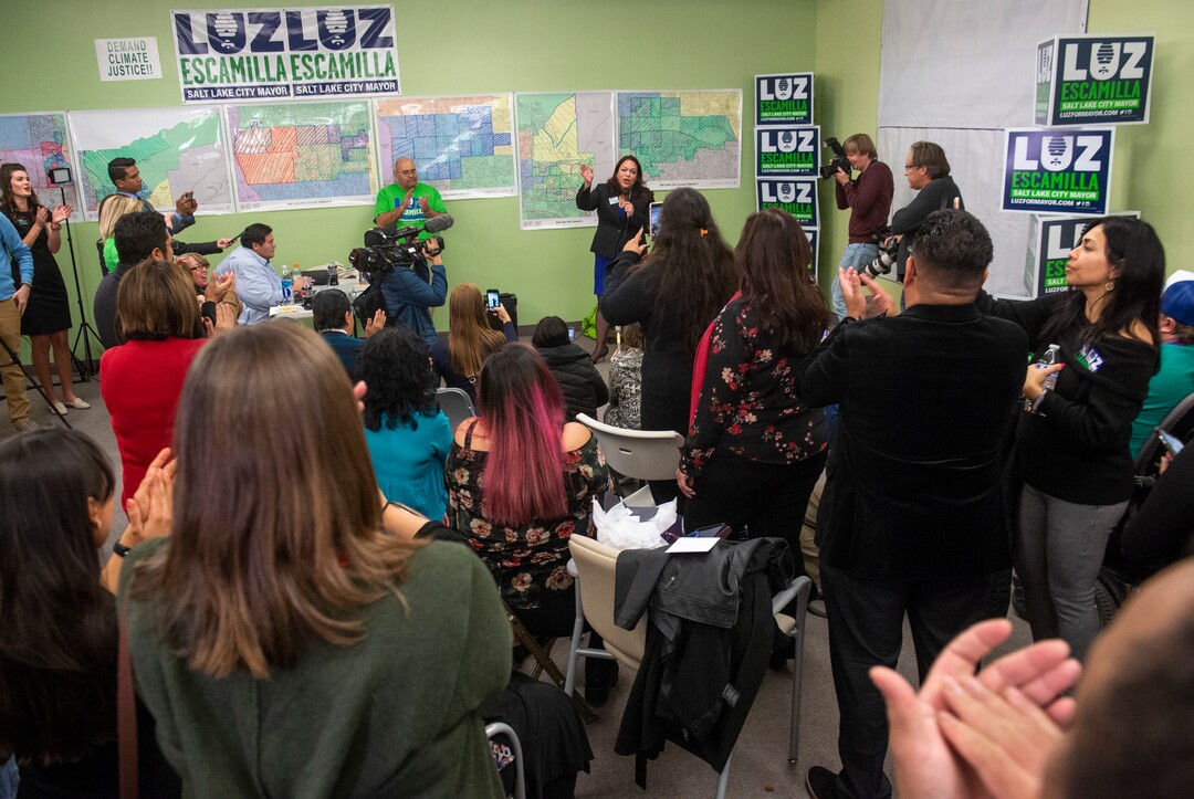 (Rick Egan  |  The Salt Lake Tribune)  Salt Lake City mayoral candidate Luz Escamilla thanks friends and supporters as she awaits the ballot results in the Salt Lake City Mayor's race, at her campaign headquarters, Tuesday, Nov. 5, 2019.