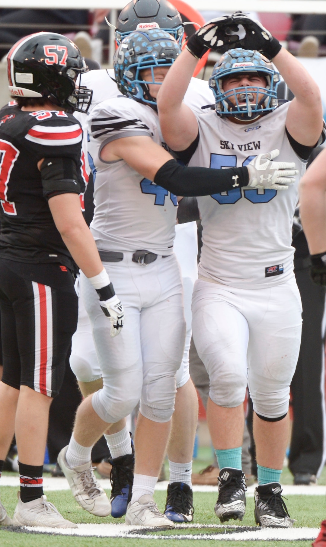 (Leah Hogsten  |  The Salt Lake Tribune) Sky ViewÕs Justice Ena celebrates play.  Sky View High School defeated Park City 35-0 to win the 4A State Championship football title, Nov. 11, 2019 at Rice-Eccles Stadium.