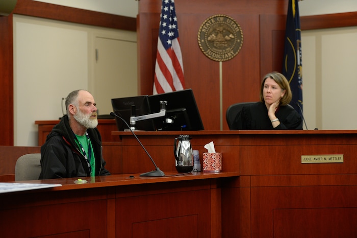 (Francisco Kjolseth  |  The Salt Lake Tribune)  Witness for the prosecution, Lee McCashland, testifies in the courtroom of Judge Amber M. Mettler at the Matheson courthouse in Salt Lake City on July 4, 2017, about being struck by a vehicle that had driven onto the sidewalk. A preliminary hearing was held on Monday, Jan. 8, 2018, for Shutney Kyzer, who allegedly drove the car, killing one homeless person, 27-year-old Kendra Griffis and injuring five others including McCashland.