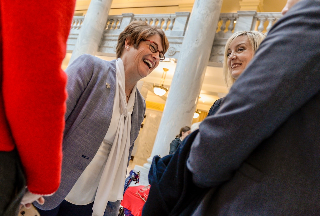 (Leah Hogsten | The Salt Lake Tribune) l-r Republican candidate for Utah offices, Kaysville mayor Katie Whitt, candidate for Utah's 1st Congressional District shares a laugh with Aimee Winder Newton, candidate for governor. The Utah Federation of Republican Women pitched their 2020 theme — The Year of the Woman — during their annual Legislative Day at the Capitol on Monday. Members planned to meet with elected leaders and attend sessions in the House and Senate, Feb. 24, 2020.