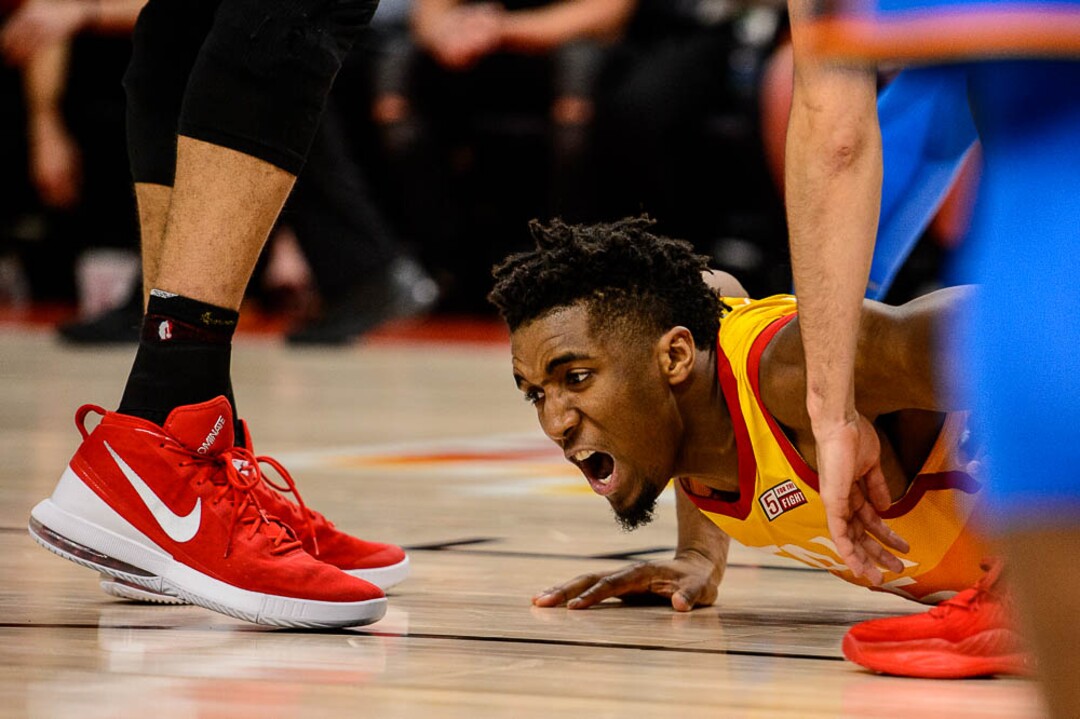 (Trent Nelson | The Salt Lake Tribune)  Utah Jazz host the Oklahoma City Thunder, Game 3, NBA playoff basketball in Salt Lake City, Saturday April 21, 2018. Utah Jazz guard Donovan Mitchell (45) picks up his fourth foul.