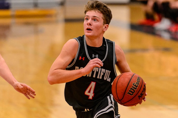 (Trent Nelson | The Salt Lake Tribune)  Bountiful's David Stevenson (4) as Corner Canyon faces Bountiful in the title game of the Corner Canyon Tournament of Champions, high school boys' basketball in Draper, Saturday December 2, 2017.