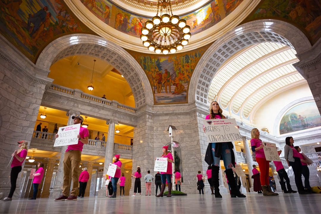 (Trent Nelson | The Salt Lake Tribune)  Planned Parenthood Association of Utah and supporters gathered in a silent protest in the Utah State Capitol Rotunda Friday March 1, 2019, while a 12-foot birdhouse art installation broadcast statements from Utah constituents.