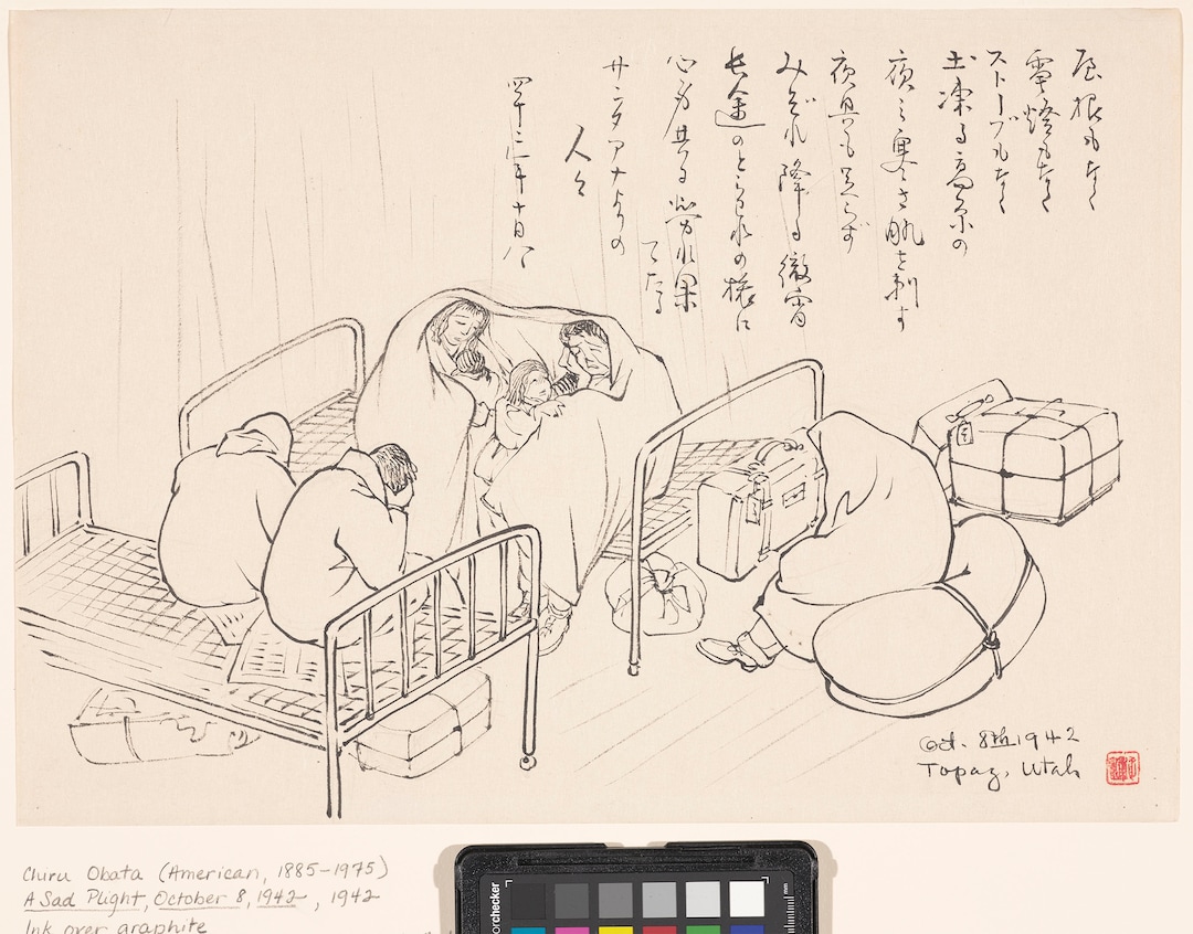 (Chiura Obata  |  courtesy Utah Museum of Fine Arts) "A Sad Plight," an ink-over-graphite work on paper by Japanese-American artist Chiura Obata, drawn Oct. 8, 1942, during the artist's time at the Topaz internment camp in Utah. Obata's work will be shown in a major touring retrospective, May 25-Sept. 8 at the Utah Museum of Fine Arts. (Fine Arts Museums of San Francisco, Museum purchase, gift of the Graphic Arts Council, 2001.28.3)