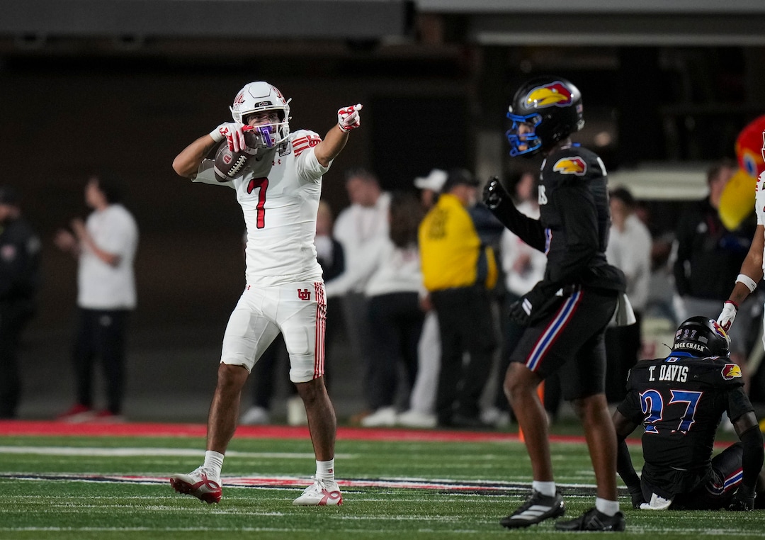 (Bethany Baker  |  The Salt Lake Tribune) Utah Utes wide receiver Braden Pegan (7) reacts to a play during the game between the Utah Utes and the Kansas Jayhawks at Rice-Eccles Stadium in Salt Lake City on Saturday, Oct. 10, 2026.