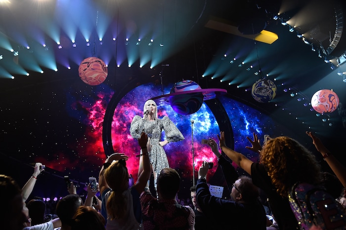 (Photo courtesy Kevin Mazur/Getty) Katy Perry’s stage show for “Witness the Tour” includes enough props for 300 or 400 technical cues, which makes the show’s directors a bit nervous: “ Sometimes technology just has a mind of its own, sometimes it just stops working, regardless of how great it is or how much time, money, rehearsal you’ve spent on it,” said Ashley Evans.