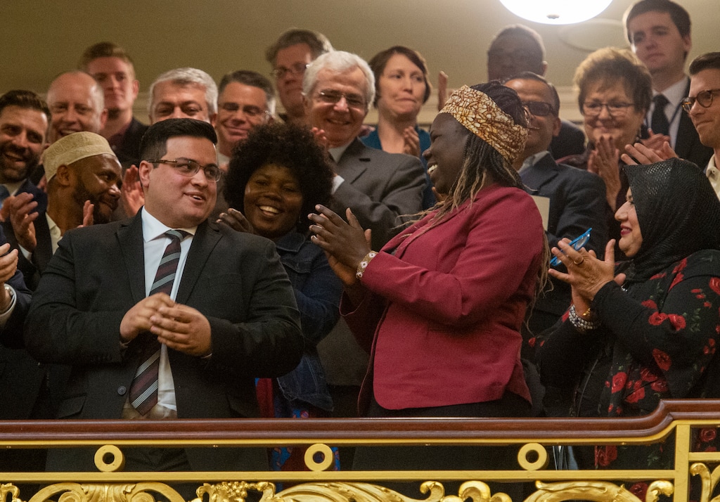 (Rick Egan  |  The Salt Lake Tribune)     Refugees in the gallery are given a standing ovation as they are recognized by Gov. Gary Herbert during the State of the State address in the Utah House Chambers, at the Utah State Capitol, Wednesday, Jan. 29, 2020.