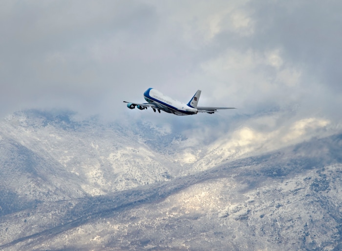 (Steve Griffin  |  The Salt Lake Tribune) Air Force One leaves Salt Lake City International Airport after President Donald Trump's to Salt Lake City on Monday, Dec. 4, 2017.