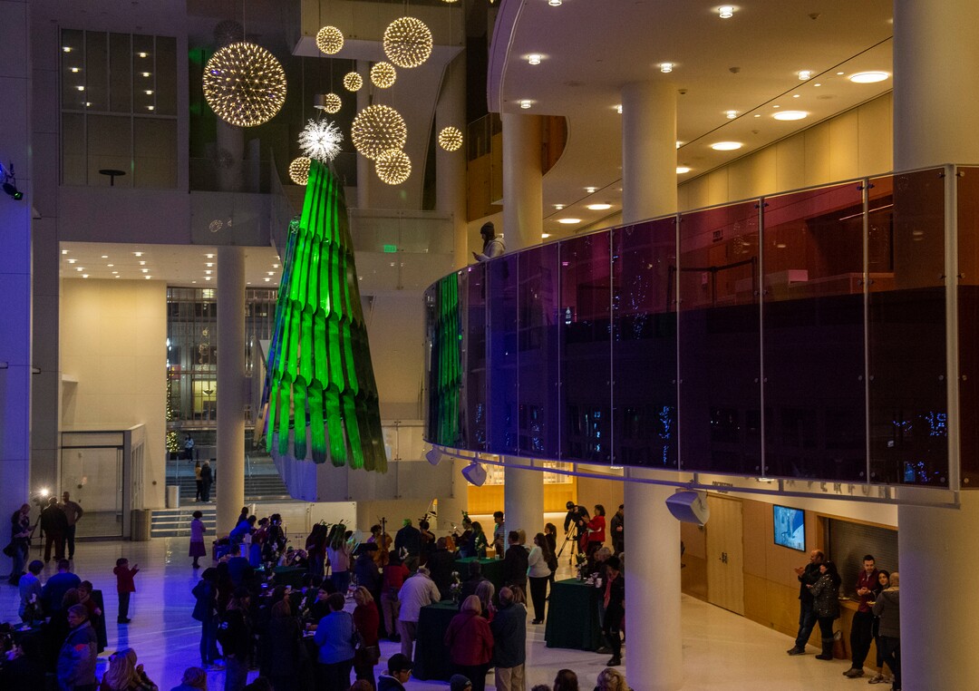 (Rick Egan  |  The Salt Lake Tribune) Eccles Theater unveils its annual Holiday Tree art installation, Monday, Dec. 2, 2019. The title is "Winter Wind," created by Rob Beishline & Shelley Beishline of Tooza Design. The work features 75 snowboards.
