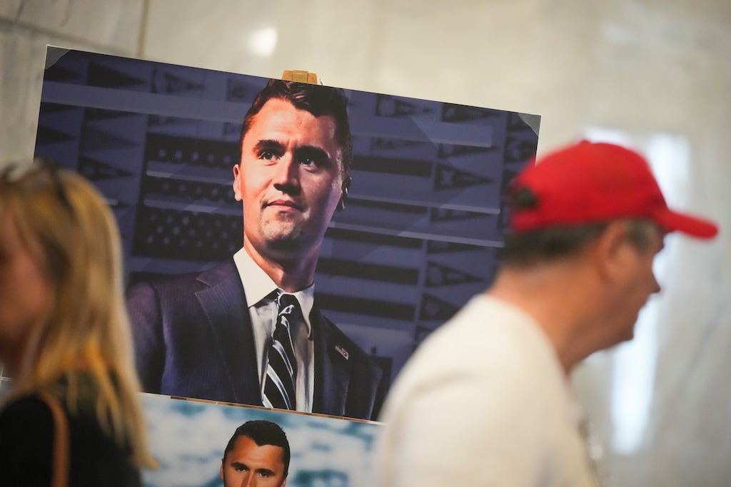 (Bethany Baker  |  The Salt Lake Tribune) A photo of Charlie Kirk is displayed during a vigil at the Utah Capitol in Salt Lake City on Wednesday, Sept. 10, 2025, following the killing of the conservative activist at Utah Valley University.