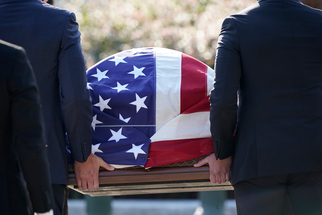 The flag-draped casket of Justice Ruth Bader Ginsburg arrives at the Supreme Court in Washington, Wednesday, Sept. 23, 2020. Ginsburg, 87, died of cancer on Sept. 18. (AP Photo/J. Scott Applewhite)