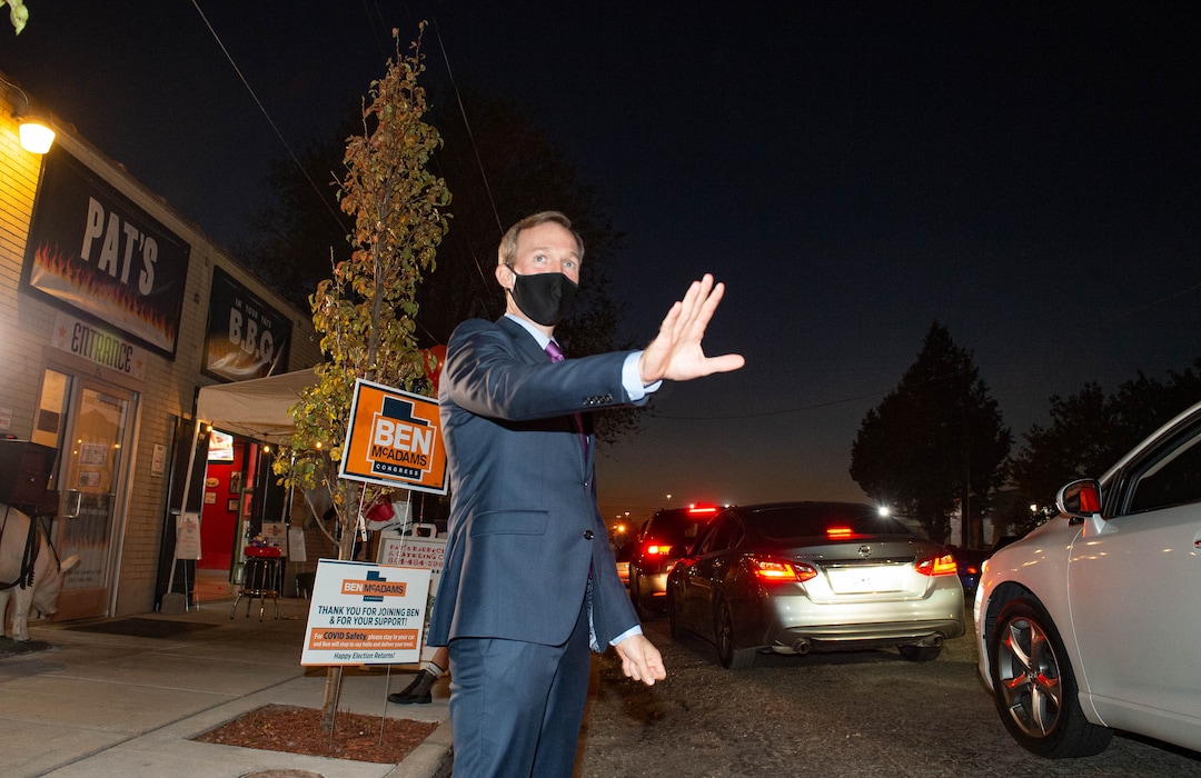(Francisco Kjolseth  |  The Salt Lake Tribune) Democratic Rep. Ben McAdams, looking to retain his seat for Utah’s 4th Congressional District, waves hello as he hands out pre-ordered meals to friends and supporters at Pat’s BBQ in Salt Lake City, as part of his small election night watch party on Tuesday, Nov. 3, 2020.