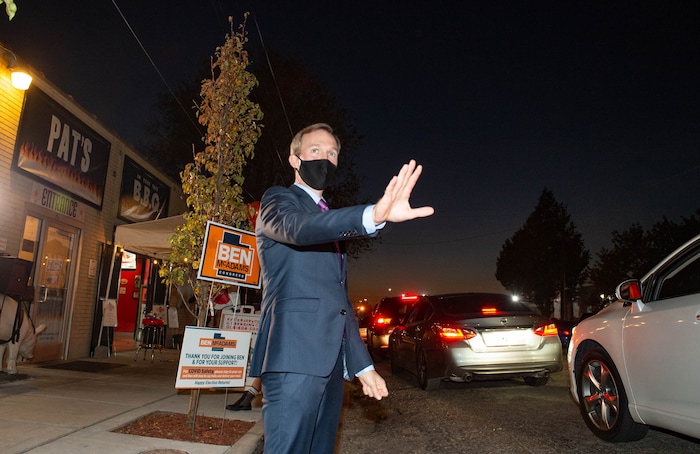 (Francisco Kjolseth  |  The Salt Lake Tribune) Democratic Rep. Ben McAdams, looking to retain his seat for Utah’s 4th Congressional District, waves hello as he hands out pre-ordered meals to friends and supporters at Pat’s BBQ in Salt Lake City, as part of his small election night watch party on Tuesday, Nov. 3, 2020.