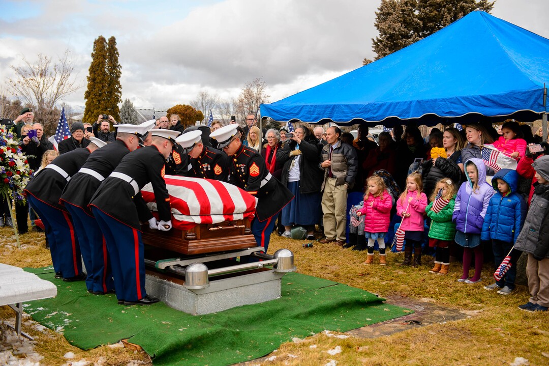 (Trent Nelson  |  The Salt Lake Tribune)
Services for Marine Pfc. Robert J. Hatch at the Bountiful City Cemetery on Saturday, Dec. 14, 2019. Hatch was killed in action Nov. 22, 1943 on the island of Betio.
