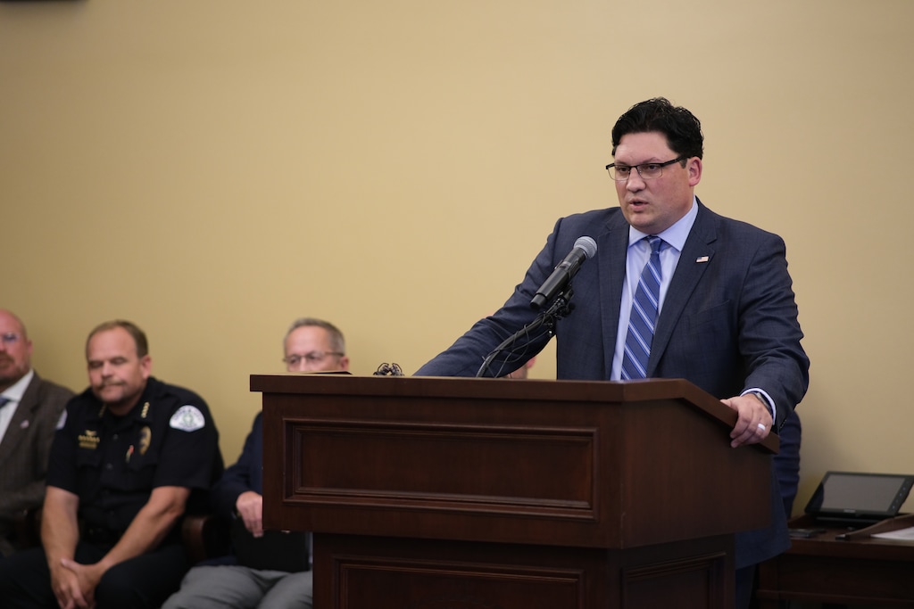 (Michael Lee | The Salt Lake Tribune) Rep. Ryan Wilcox, R-Ogden, introduces legislation that would classify all school hoaxes and threats as felonies on Wednesday, August 9, 2023.