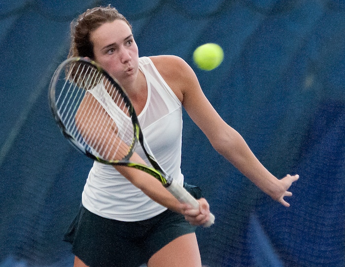 Michael Mangum  |  Special to the TribuneRowland Hall's Katie Foley returns a shot during the Utah high school state tennis finals at the Salt Lake Tennis & Health Club in Salt Lake City on Saturday, September 30, 2017. Foley defeated Waterford's Sophie Christensen for the 3A 1st singles state championship.