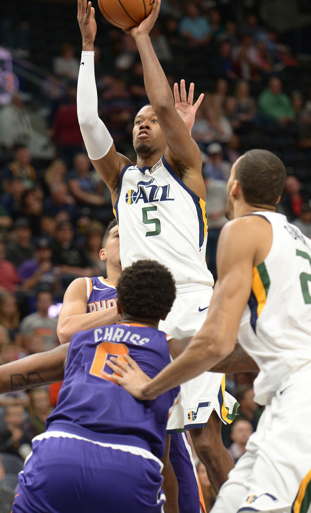(Leah Hogsten  |  The Salt Lake Tribune)  Utah Jazz guard Rodney Hood (5) shoots over the Phoenix defense. The Utah Jazz defeated the Phoenix Suns 112-101 during preseason NBA basketball at Vivint Smart Home Arena in Salt Lake City, October 6, 2017.